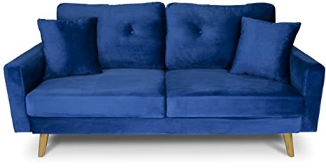 SAMIRA Divano 3 posti in velluto blu piedi in legno mod. Cloe