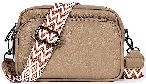 TANTOMI Damen Umhängetasche, Echtes Leder Klein Crossbody Bag, Multi-Pocket-Tasche, Verstellbarer Schultergurt, Khaki, 20.5 × 14.5 × 8 cm