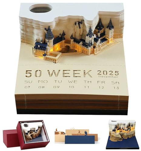 SIWEME 3D-Notizblock, Kalender 2024, 3D Magic Castle, Wochenkalender, Notizblock mit Licht und Halterung, Zeitmesser, Schreibtischkalender, Notizblock, DIY-Dekoration, Geschenk