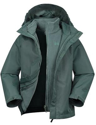 Mountain Warehouse Fell Kids 3 in 1 Jacket - Water-Resistant Triclimate Raincoat, Detachable Inner Coat & Packaway Hood - For Walking, Hiking & Outdoors Dark Khaki Kids Size 9-10 Years