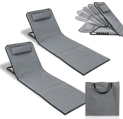 Ikodm Strandmatte 2X, Strandliege klappbar leicht, Strandmatte Faltbar mit 5-stufig Verstellbarer Rückenlehne, Tragbar, inklusive Tragetasche, Beachmatte für Urlaub, Garten, Camping -Grau
