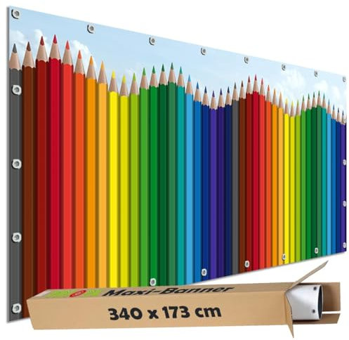 TRIOSK Sichtschutz Garten Dekoration Plane groß mit Motiv Buntstifte Regenbogen Motivbanner Blickdicht für Terrasse Zaun Gartenzaun Gartenposter PVC Zaunblende 340x173 cm Bunt