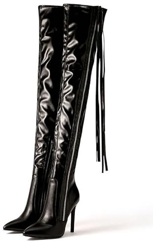 WILDKATZEN Damen Overknee Stiefel Spitze Stiletto Boots mit Fransen Lack Schwarz 37 EU