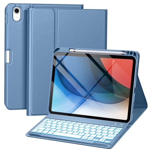 drivego Hülle mit Tastatur für iPad 11 Generation A16/10 Generation (11/10.9 Zoll, 2025/2022), 7-farbige Beleuchtung Magnetische Tastatur für iPad 11./10. Gen Hülle mit Stifthalter, Blau