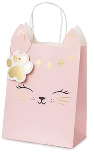 Geschenktüte Katze mit Henkel 18x10x27cm - Papiertüten zum Befüllen für Gastgeschenke und Mitgebsel - Partytüten mit Boden für Kindergeburtstag Mädchen Mottoparty - Hellrosa Gold