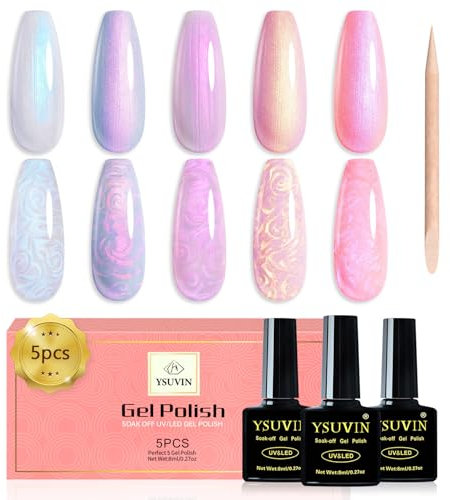 Yueshop Pearl Gel Nail Polish, 5 Colors Pink Blue Purple White, Shimmer Iridescent Gel Nail Polish Set with Stick, Shell Swirl Thread Effect, 8ML