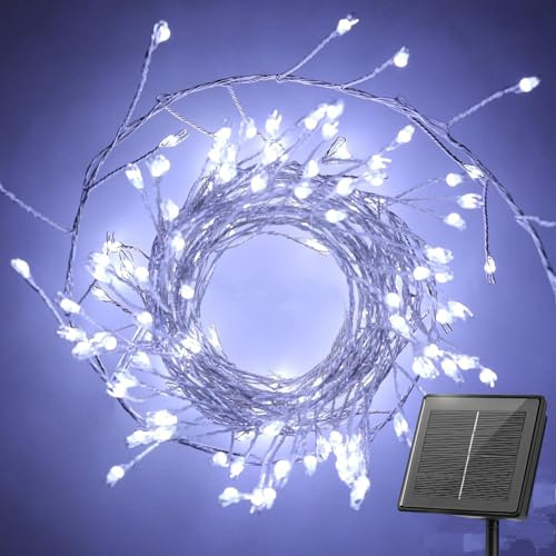 cuzile Solarlichter für draußen,6M 200 LED Solar String Lichter im Freien Wasserdicht, 8-Modes Feuerwerk Balkonbeleuchtung für Baum Terrasse Weihnachtsfeier Hochzeitsdekor (reines Weiß)