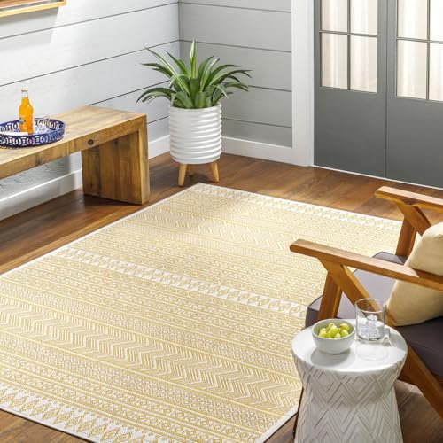 Livabliss Geometric Outdoor Rug - Indoor Outdoor Rug Large, Motril 130x180 cm - Patio Rugs, Decking, Outdoor Carpet - Boho Colourful Garden Rugs, Patterned, UV Weather, Stain Durable, Mustard, Ivory