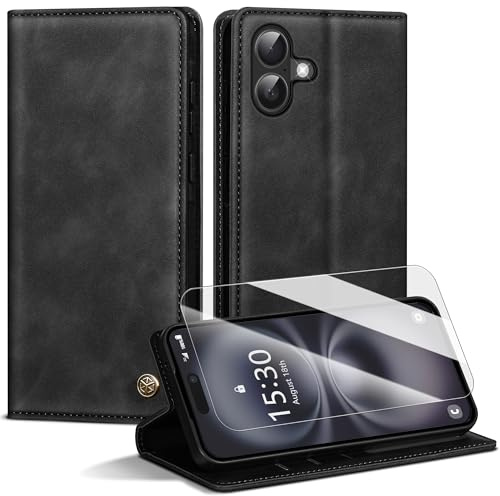 Handyhülle für iPhone 16 Hülle,Premium Lederhülle für iPhone 16 [Mit 1 Stück Panzer Schutz Glas] Magnet Kartenfach Klapphülle Schutzhülle für iPhone 16,Schwarz