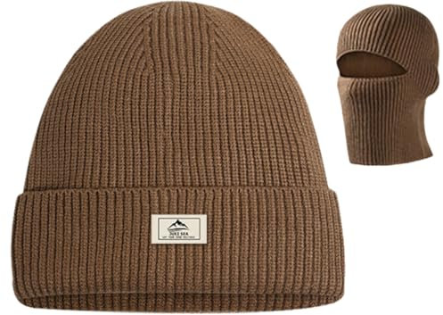 FonVan Mützen für Herren Winter, Warmes Strick Skimützen, Strickmützen, Winter Knit Hut für Männer, Balaclava, Thermische Sturmhaube Gesichtshaube 2 in 1 Mützen, geeignet zum Skifahren, Laufen (Braun)