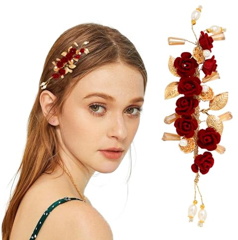 Red Rose Hair Clip - Wedding Hair Accessories for Women, Burgundy Hairpin Accessories, Red Flower Hairpin, Bridal Floral Side Clip for Women Wedding Hairs Accessorys