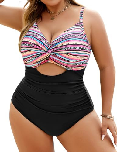 heekpek Maillot de Bain Grande Taille Femme 1 Pieces Push Up Rembourré Maillot de Bain Ventre Plat Femme Taille Haute Maillot Gainant Col en V Swimsuit, Noir coloré, 4XL