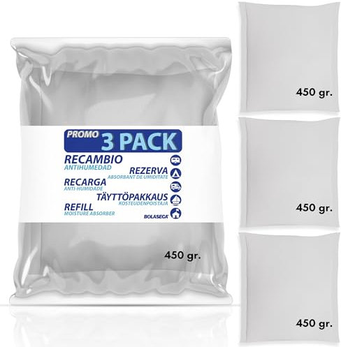 Pack 3 Recambios Antihumedad Armarios con 450g cada uno - Absorbe Humedad Elimina Moho y Malos Olores - Recambios para Bolsitas Antihumedad - antihumedad trastero