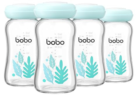 YOHKOH Lot de 4 bouteilles en verre de 160 ml pour le lait maternel, de qualité supérieure, passent au lave-vaisselle, au congélateur et au micro-ondes, bleu, 160 ml