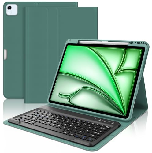 WAVATA Tastatur für iPad Air 13 M4 2026/M2 2024/M3 2025, Hülle mit Tastatur für iPad Pro 12.9 6/5/4/3 Gen 2022/2021/2020/2018 Keyboard Case Magnetische Abnehmbare Bluetooth QWERTZ Layout, Dunkelgrün