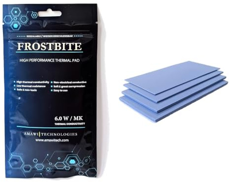 Frostbite 4X High Performance Wärmeleitpad für SSD/GPU/RAM (4 Stärken je 1 Stück: 0,5/1,0/1,5/2,0 mm) – 80x40mm, 6 W/mk, weich & sicher, Blau – Amawi Technologies