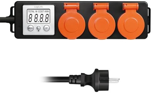 LogiLink EM0008 - Außensteckdosenleiste 3-fach mit Energiekostenmesser, 2.0 LCD und Schutzklappen