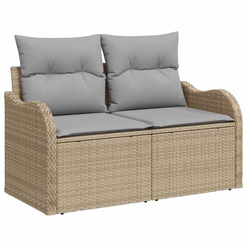 vidaXL 10-teiliges Gartensofaset mit Kissen in Beige aus Poly Rattan. Modulares Design, UV-beständig und perfekt für den Außenbereich. Ideal für Balkone oder Terrassen zum Entspannen.