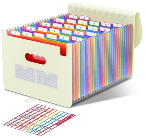 ThinkTex 26 Pockets File Organiser, A4 Expanding File Folders, Document Organiser, Accordion File Organiser, Portable Monthly Bill Receipt Organiser, Colorful Tabs, Letter/A4 Size - Morandi Yellow