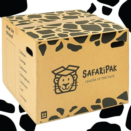 SAFARIPAK - 10 Pack Strong Extra Large Reusable Cardboard Storage Packing Moving House Boxes 52cm x 52cm x 40cm with Carry Handles and Room List Checkboxes - 108 Litres Capacity