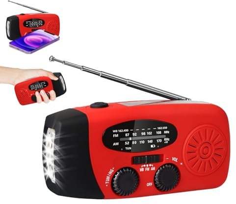 Wind Up Solar Radio, Emergency Radio with Crank and Solar, AM/FM/WB Wind-up Radio, LED Flashlight, USB Phone Charger, SOS Alarm, 2000mAh Power Bank for Outdoor, Camping, Hiking (Red)