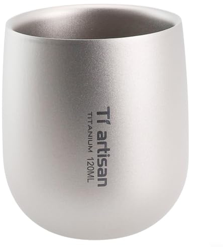 Campingbecher, 120 ml, 2-lagig, für Bier, Kaffee, Tee, Wasser, Saft, reines Titan, stapelbare Metall-Trinkbecher für Zuhause, Camping, Wohnmobil, Grillen, Büro, Party