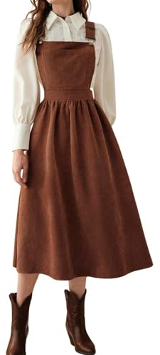 chouyatou Women's Fall Corduroy Overall Dress Adjustable Strap A Line Flare Pinafore Midi Jumper Dress (Medium,Brown)