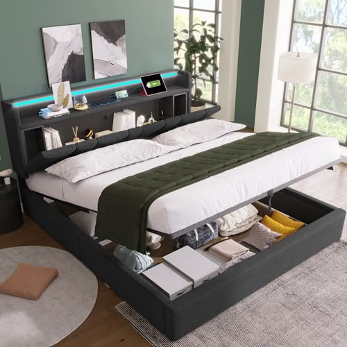 Merax King Size bed frame with Storage, 5ft Upholstered King Size Ottoman Bed Frame with Storage Headboard&LED lighting&Charging Function, Grey+Linen (No Mattress)/150CM*200CM