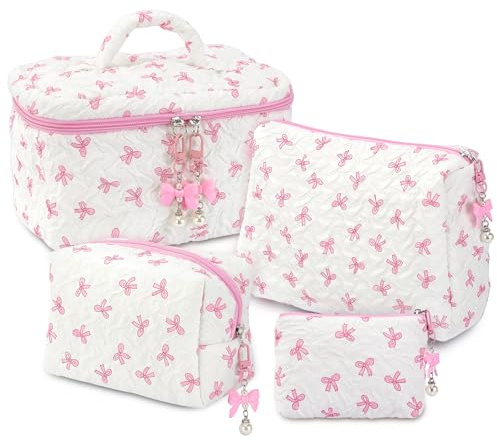 Mulaibdin 4 Pcs Makeup Bag, Coquette Cosmetic Bags for Women & Girls, Cute Skincare Bag for Travel, Portable Bow Make Up Bag Set, Quilted Toiletry Bags Cotton for Birthday Gifts (Pink+White)