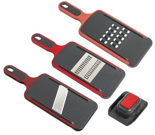 Kuhn Rikon Grater & Slicer Set 3 Pieces Red, Mandoline Slicer, Coarse and Julienne Graters, Finger Guard, Non-Slip Feet, Stackable Kitchen Prep Set - Easy Grater & Slicer
