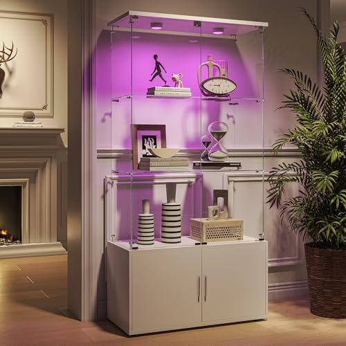 BPKADHY Glasvitrine Standvitrine mit LED-Beleuchtung, 4 Lagen & 2 abschließbaren Türen, Vitrinenschrank aus Holz & Glas für Sammlervitrine, Bücher und Wein, Weiß (Weiß, 4 Tür 4 Lagen LED)