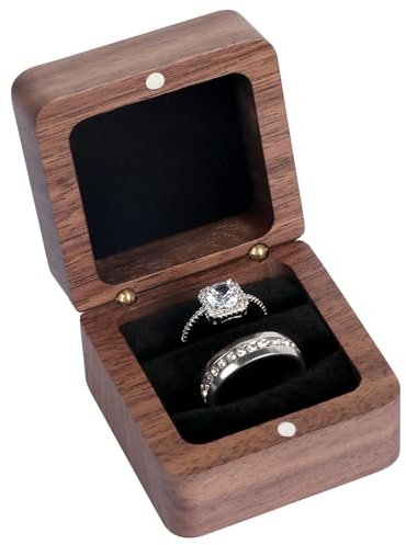 Solkraes Ringbox Holz, Ringbox Hochzeit, Vintage Massive Walnuss Ringschatulle, Ringbox mit 2 Fächern für Heiratsantrag, Verlobung, Hochzeit und Tägliche Lagerung (Schwarze Innenseite ohne Fenster)