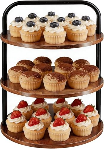 KAHEIGN Tortenständer Etagere 3 Etagen, Ø 30cm Großer Cupcake Ständer Holz Runde Tortenstützen & Cake Stand mit Griff für Muffins, Kuchen & Desserts, ideal für Hochzeiten Geburtstag Party