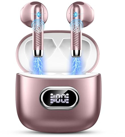 Wireless Earbuds, Bluetooth 5.4 Headphones with ENC Noise Cancelling Mic, HiFi Stereo Bass, 42H Playtime Mini Ear Buds LED Display, IP7 Waterproof, USB-C, Wireless Earphones for Android iOS, Rose Gold
