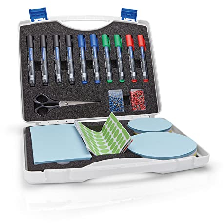 magnetoplan ultraleichter, tragbarer Kunststoffkoffer mit Clip-Verschluss und Griff - Aufbewahrungsbox mit Board- und Flipchartmarkern, Schere, Moderationskarten, Zeichenstiften und Punktaufklebern