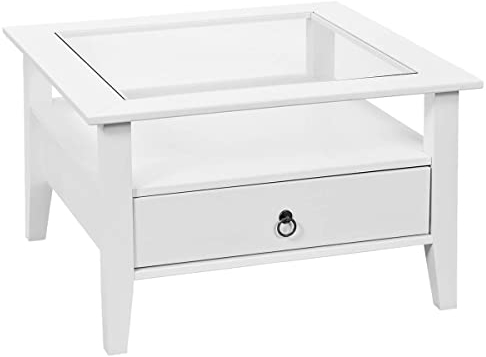 AltoBuy Natur - Table Basse Carrée Bois Massif Vernis Blanc et Verre