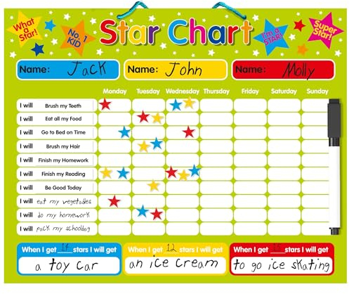Non Branded Indigo Worldwide - Tabla de Estrellas/recompensas (para hasta 3 niños, en inglés) Pizarra rígida de 40 x 32 cm con Sistema de suspensión.