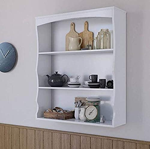 Home Source Wall Mounted Shelving Unit, Floating 3 Shelves Storage Wall Cabinet, Kid’s Bedroom Kitchen Unit, White