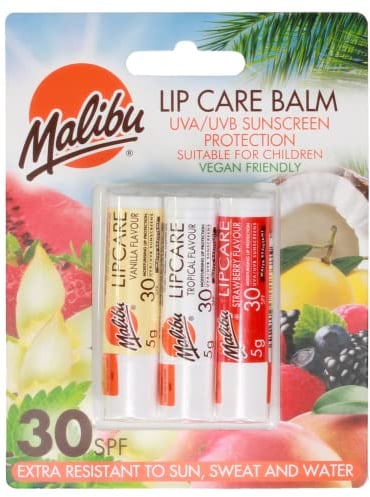 Malibu Sun SPF 30 Lip Balm Sunscreen, Vanilla, Tropical, Strawberry 3 x 5g