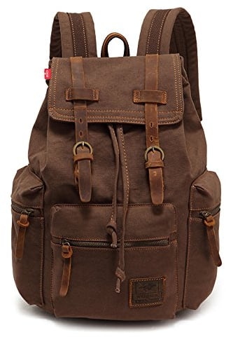 AUGUR Retro Segeltuch Rucksack, Canvas Vintage Rucksack 15-17 Zoll Laptop Daypack Schulrucksack Reisetasche Lederrucksack Wasserdicht (Large Coffee)