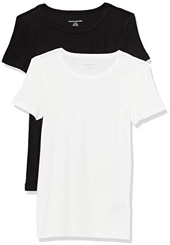 Amazon Essentials Women's Slim-Fit Short-Sleeve Crewneck T-Shirt, Pack of 2, Black/White, L