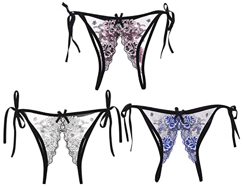 ITODA Tanga Damen Offen Strings Spitze Unterwäsche Panties Frauen 3Pcs Unterhose G-String Dessous Stringtanga Attraktiv Love Damenwäsche Slip Hautfreundlich G-Schnur Blume des Begehrens