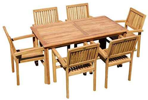 ASS Teak Set Gartengarnitur Gartenset Sitzgruppe Gartentisch 150x80 cm mit 6 Stapelsessel Miami aus Teakholz Gartenmöbelset Esstischgruppe Sessel stapelbar