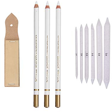 Super Idee 3 Stück Radierstift Radiergummi-Stift weiß Kohlestift mit 6 Papierwischern in verschiedenen Größen und Schleifpapier geeignet für alle Wischtechniken mit Kreide Bleistift Kohle Pastell