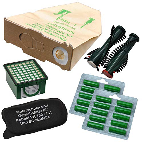 FSProdukte 20 Staubsaugerbeutel, Filterset, 20 Duftstäbchen Sommerwiese, Ersatzbürsten, kompatibel Vorwerk Kobold VK 130 131 131SC mit EB 350 351