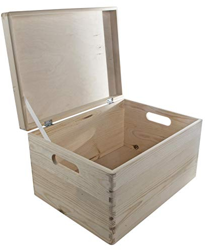 WooDeeDoo Large Deep Wooden Storage Box with Hinged Lid and Handles – Plain Pine Keepsake Chest – Unpainted Decorative Storage 12L Crate for Home Crafts Display Memorabilia – 40 x 30 x 23 cm