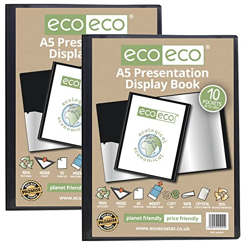 eco-eco Lot de 2 porte-vues A5 50% recyclés à 10 pochettes noires avec pochettes en plastique Eco041 x 2