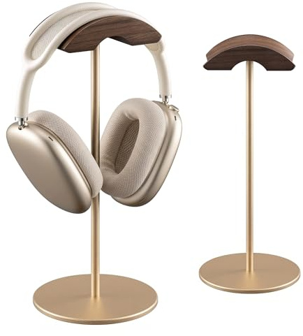 QinCoon Headphone Stand, Walnut Wood & Aluminum Headset Stand, Nature Walnut Gaming Headset Holder with Solid Heavy Base for All Headphone Sizes (Gold)