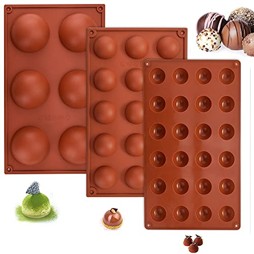 FIGFYOU 3 Semi Sphere Silicone Molds, 6/15/24 Holes Easy Release Chocolate & Cake Moulds - Dishwasher Safe