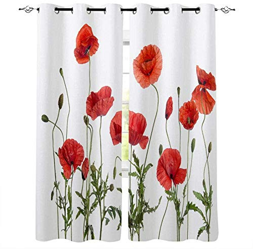 ZLLPRETTY Gardinen Vorhang Vorhänge Wohnzimmer 2Er Set,Vorhang Blickdicht Ösen Schallschutz Schlafzimmer Kinderzimmer Modern Fenster Dekoration Rote Mohnblumen,H160XB140cm